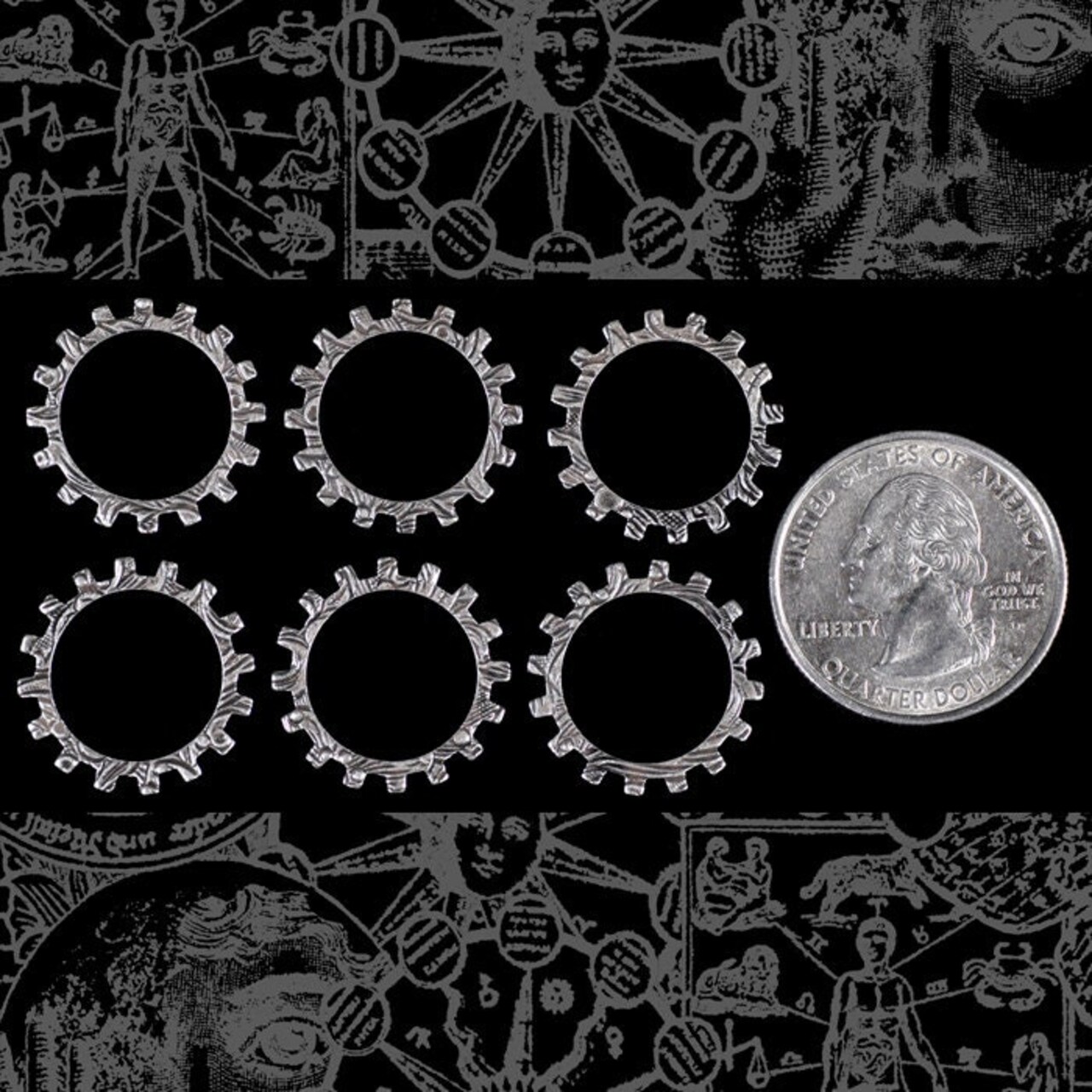 20mm Floral Patterned Etched Steampunk Antiqued Silver Plated Brass Open Wheels Gears Charms - Set of Six - S-PG06